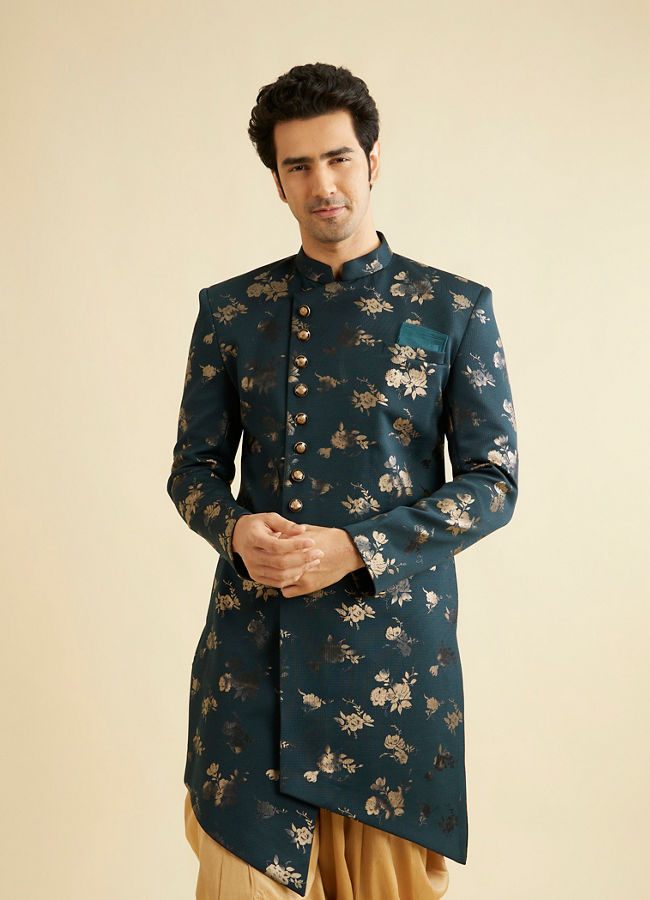 Manyavar Men Printed Bottle Green Indo Western Set