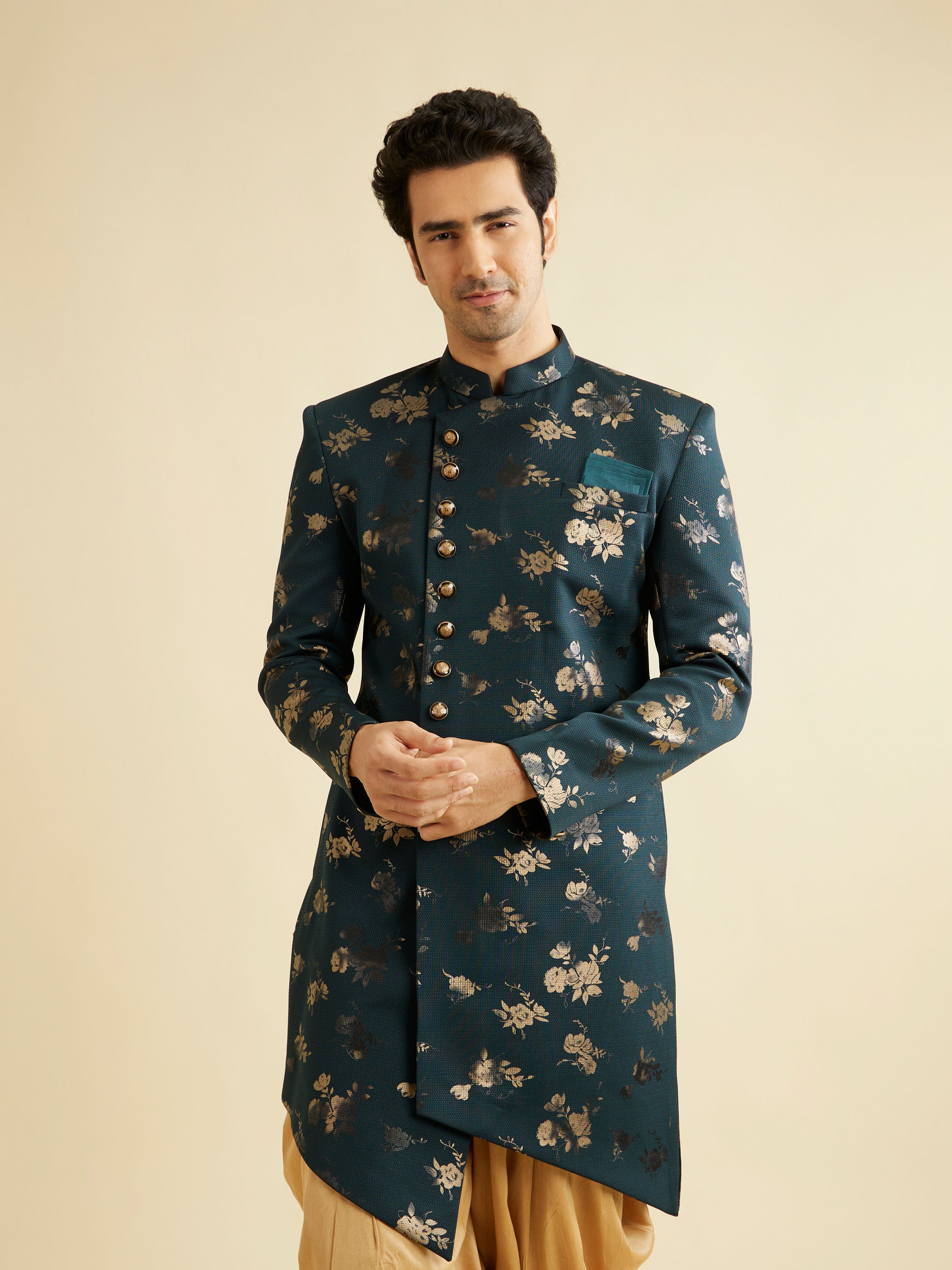 Manyavar Men Printed Bottle Green Indo Western Set