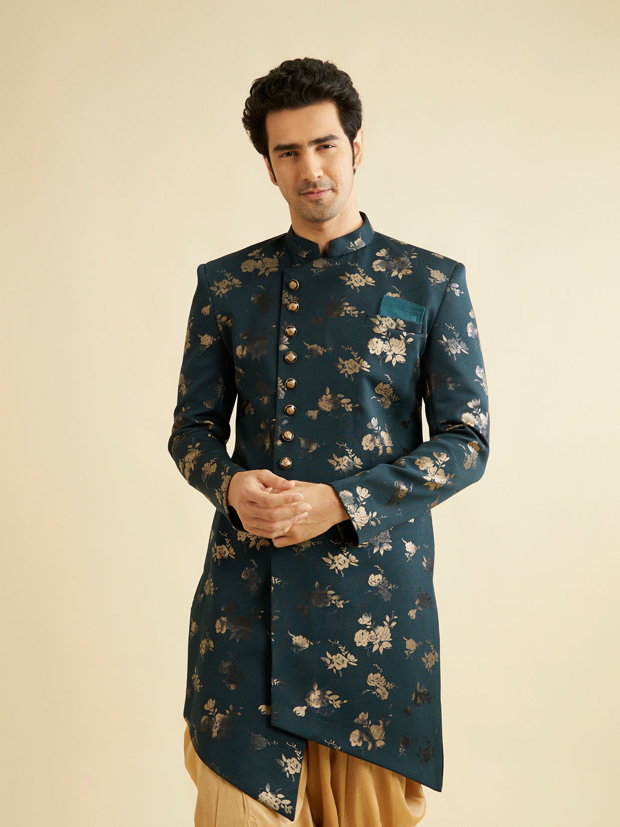 Manyavar Men Printed Bottle Green Indo Western Set