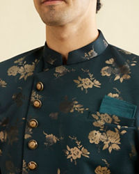 Manyavar Men Printed Bottle Green Indo Western Set