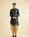 Manyavar Men Printed Bottle Green Indo Western Set