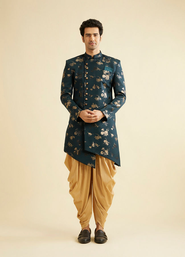 Manyavar Men Printed Bottle Green Indo Western Set