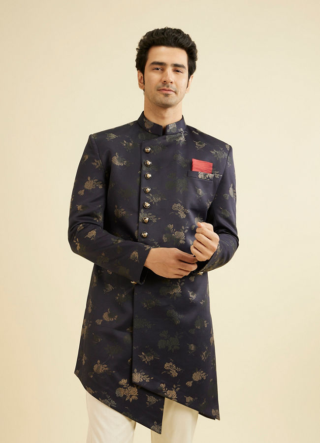 Manyavar Men Dusky Blue Indo Western Set