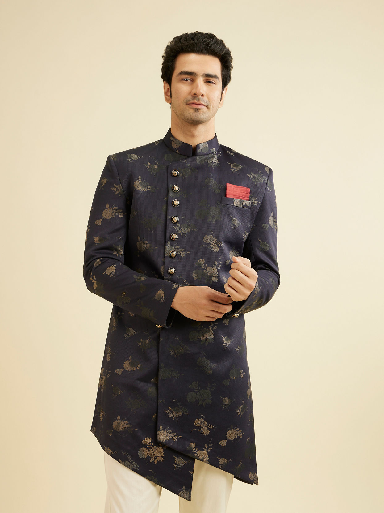 Manyavar Men Dusky Blue Indo Western Set