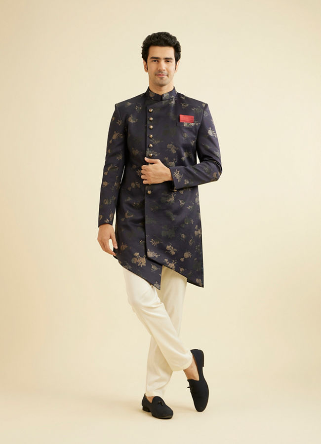 Manyavar Men Dusky Blue Indo Western Set