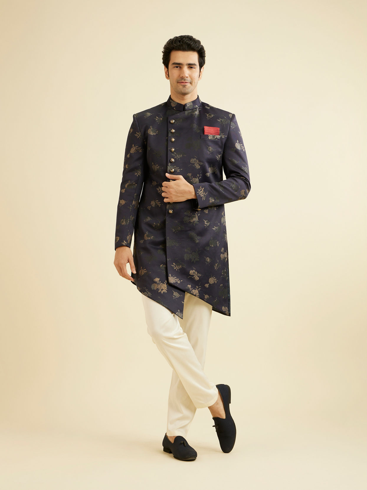 Manyavar Men Dusky Blue Indo Western Set