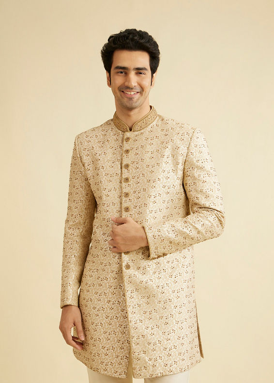 Manyavar Men Glamorous Cream Indo Western Set