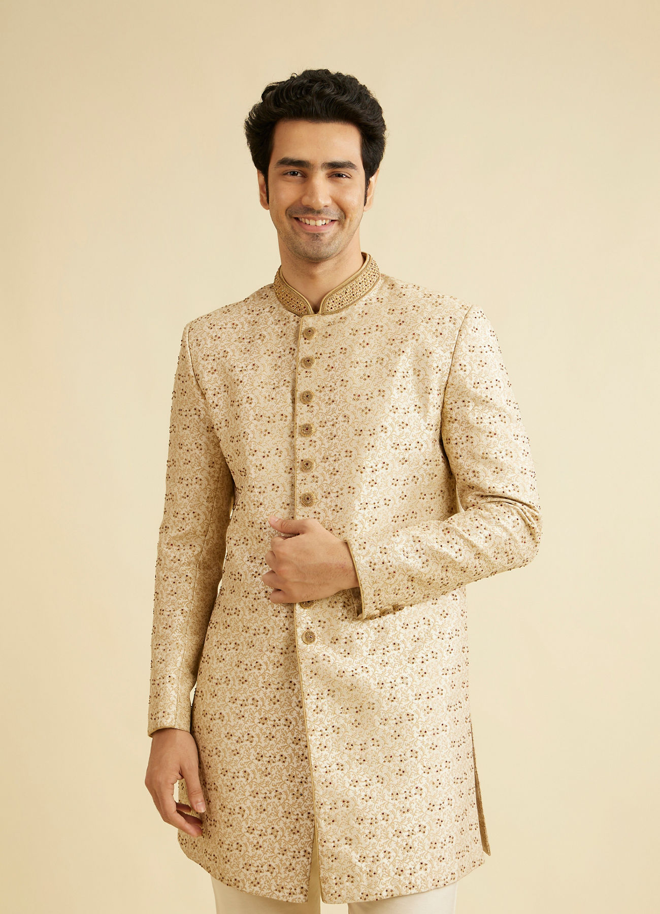 Manyavar Men Glamorous Cream Indo Western Set