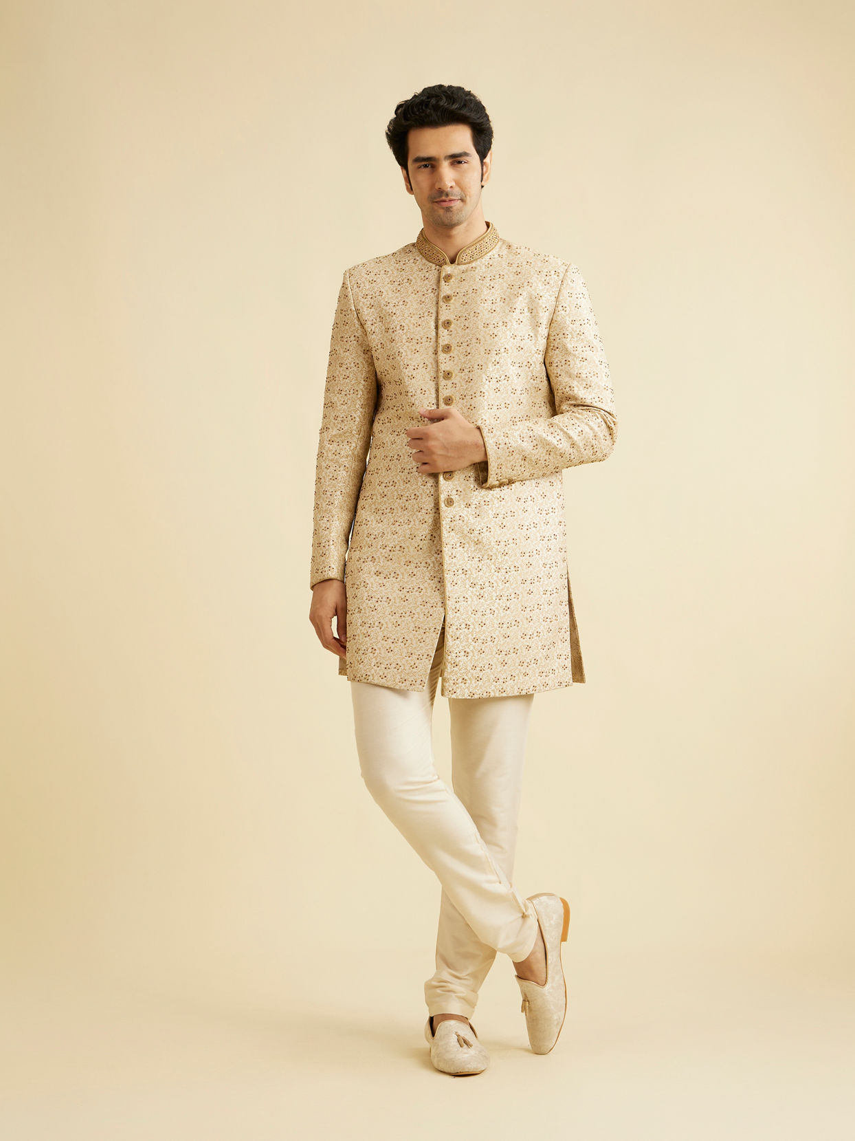 Manyavar Men Glamorous Cream Indo Western Set