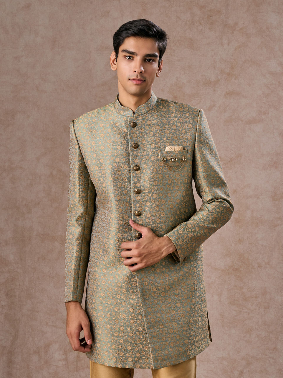 Manyavar Men Green Patterned Indo Western Set