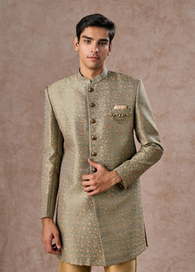 Manyavar Men Green Patterned Indo Western Set