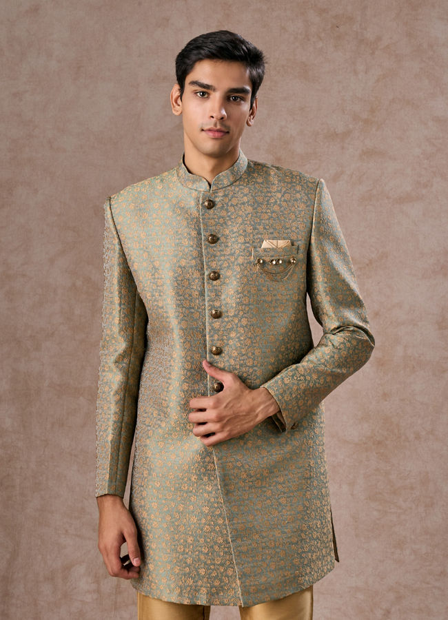 Manyavar Men Green Patterned Indo Western Set