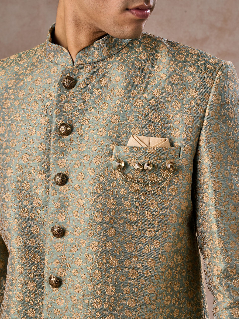 Manyavar Men Green Patterned Indo Western Set