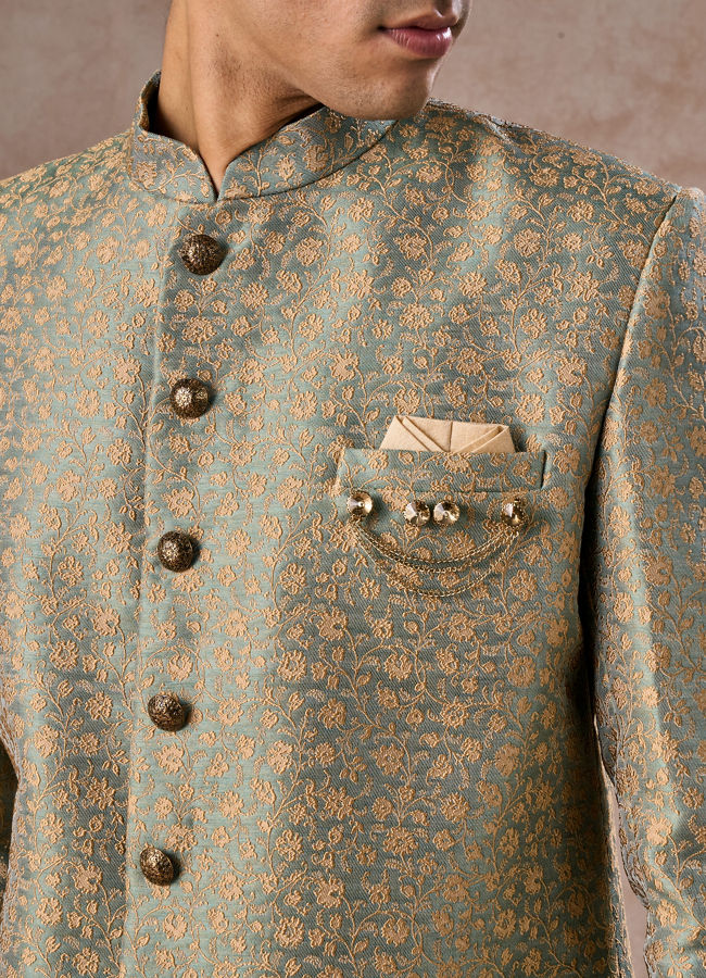 Manyavar Men Green Patterned Indo Western Set