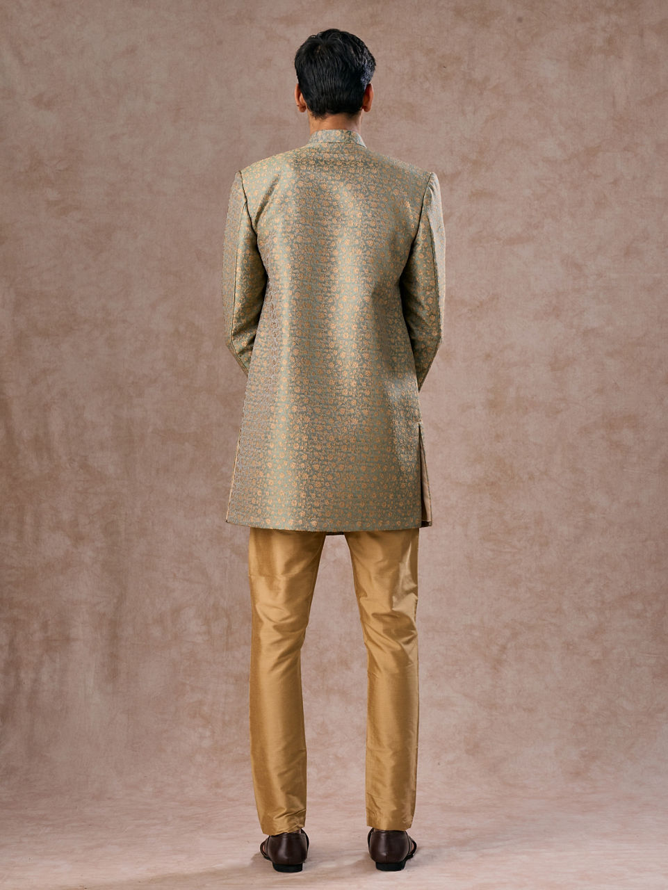 Manyavar Men Green Patterned Indo Western Set
