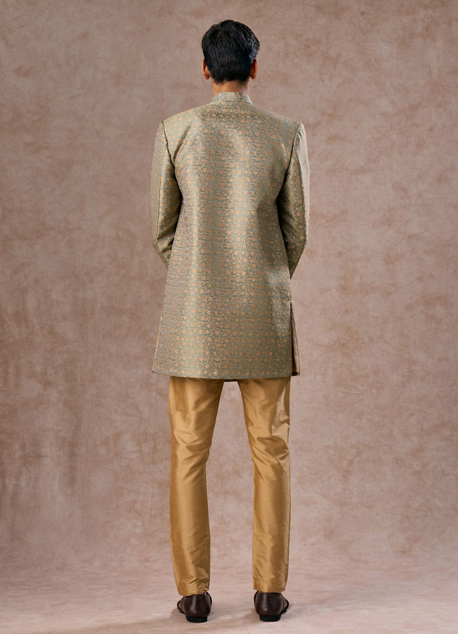 Manyavar Men Green Patterned Indo Western Set