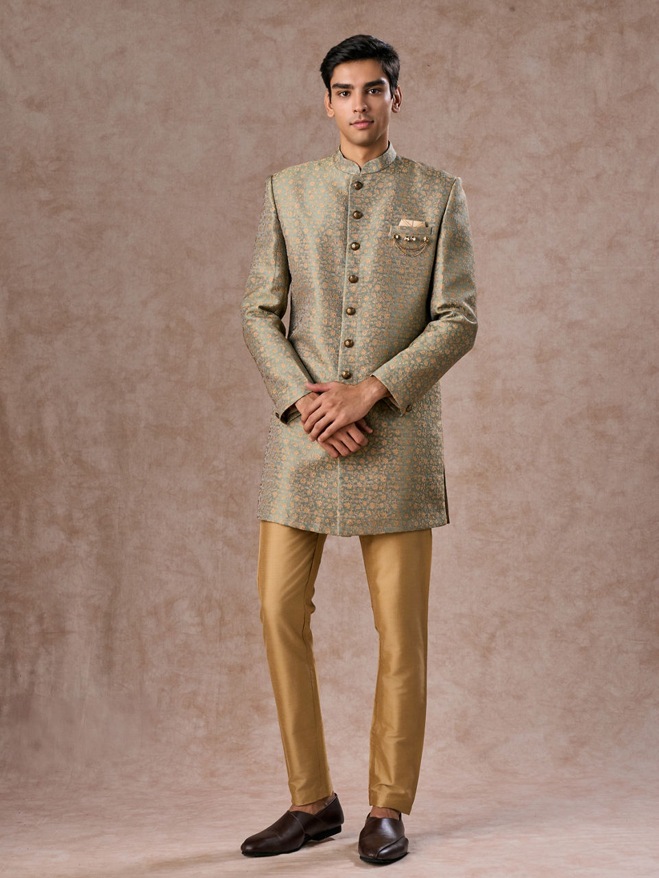 Manyavar Men Green Patterned Indo Western Set