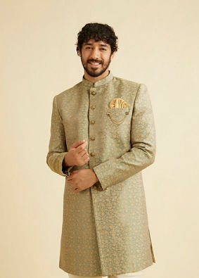 Manyavar Men Green Patterned Indo Western Set image number 0