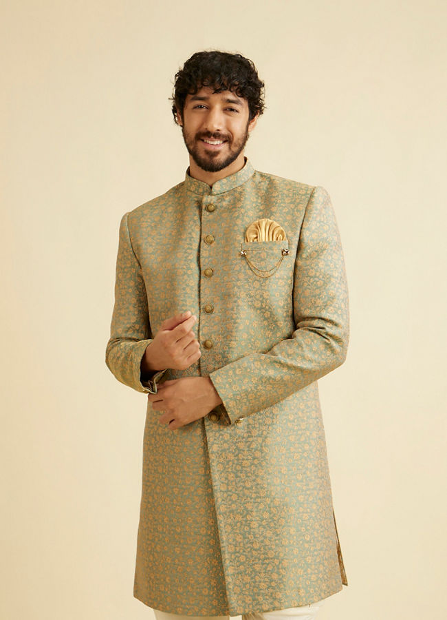 alt message - Manyavar Men Green Patterned Indo Western Set image number 0