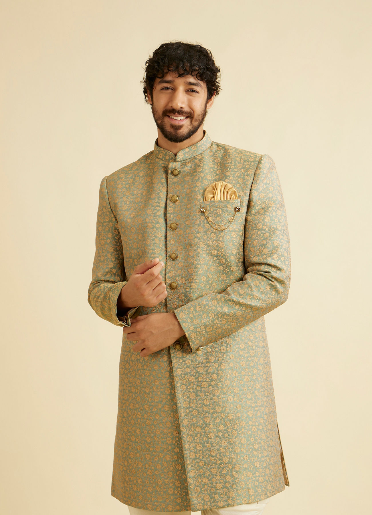 Manyavar Men Green Patterned Indo Western Set