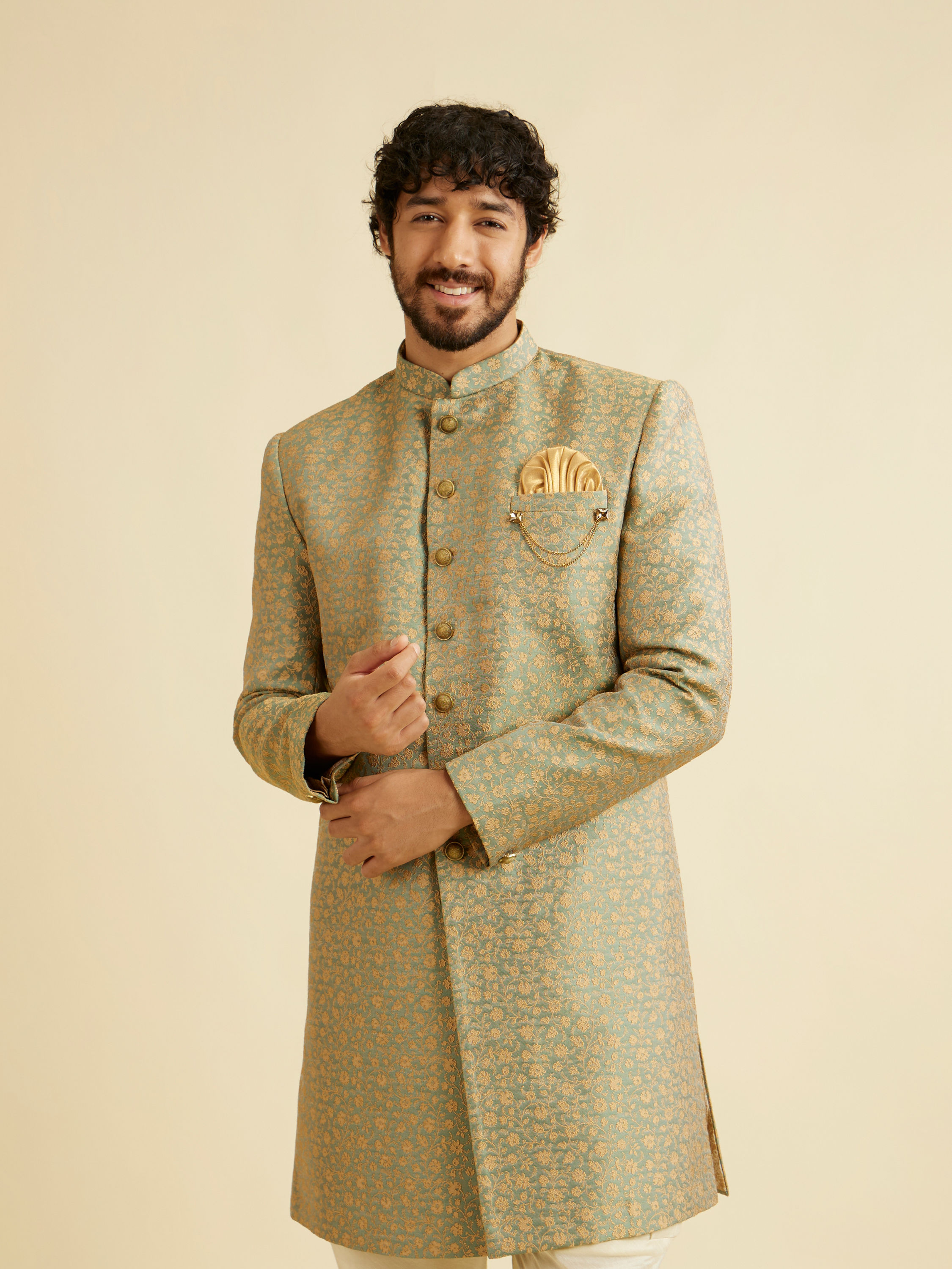 Manyavar Men Green Patterned Indo Western Set