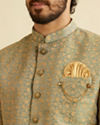 alt message - Manyavar Men Green Patterned Indo Western Set image number 1