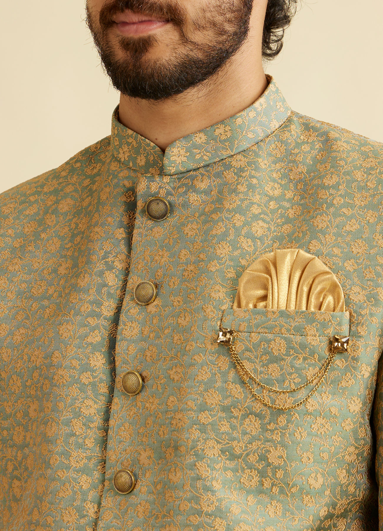 Manyavar Men Green Patterned Indo Western Set