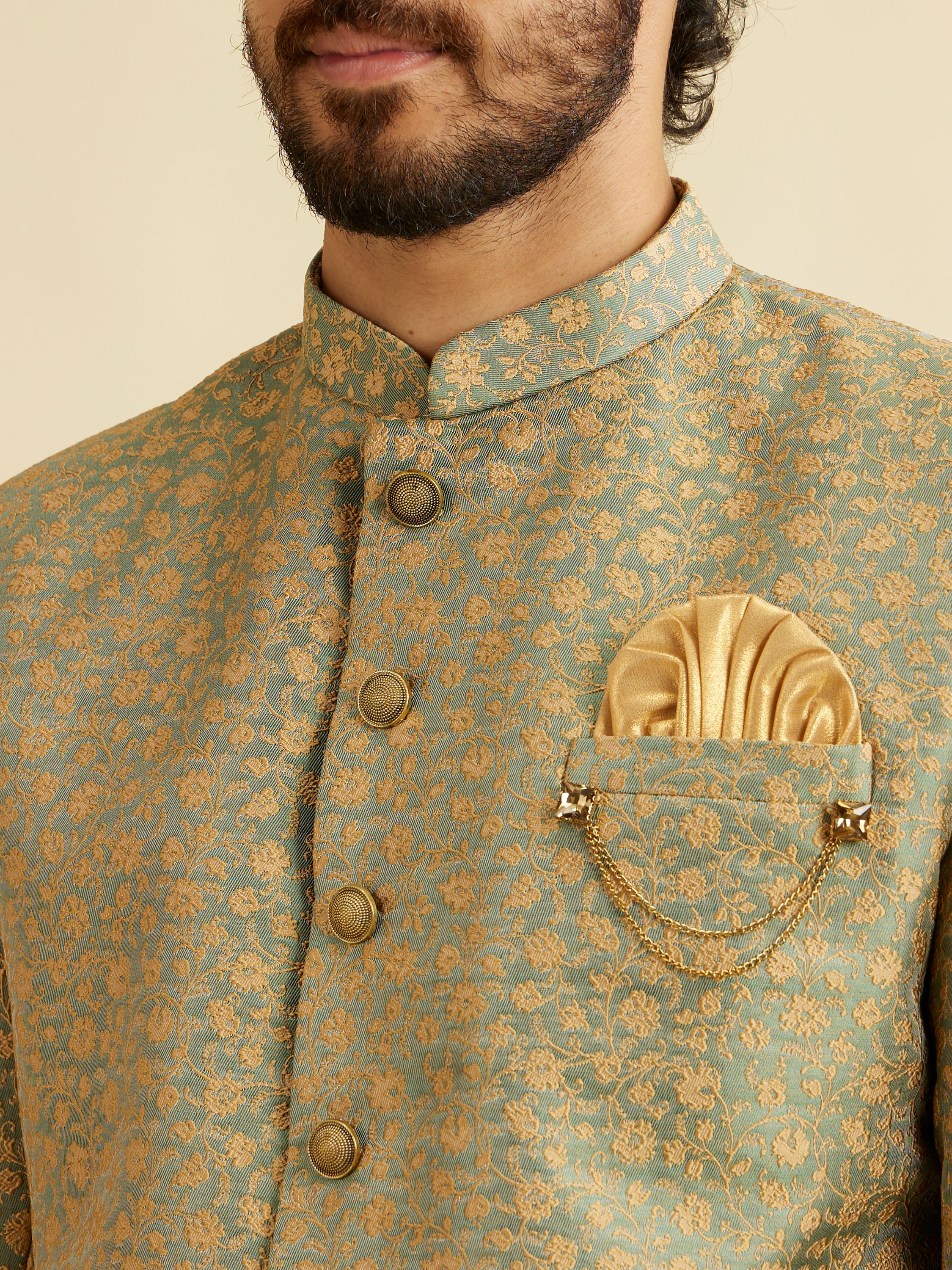 Manyavar Men Green Patterned Indo Western Set