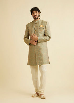 Manyavar Men Green Patterned Indo Western Set image number 2