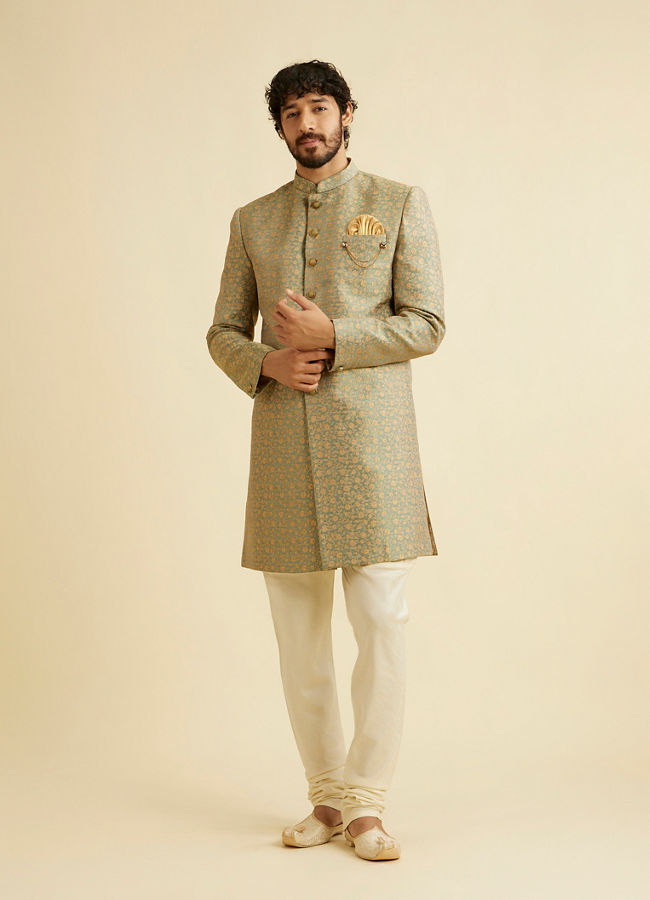 Manyavar Men Green Patterned Indo Western Set