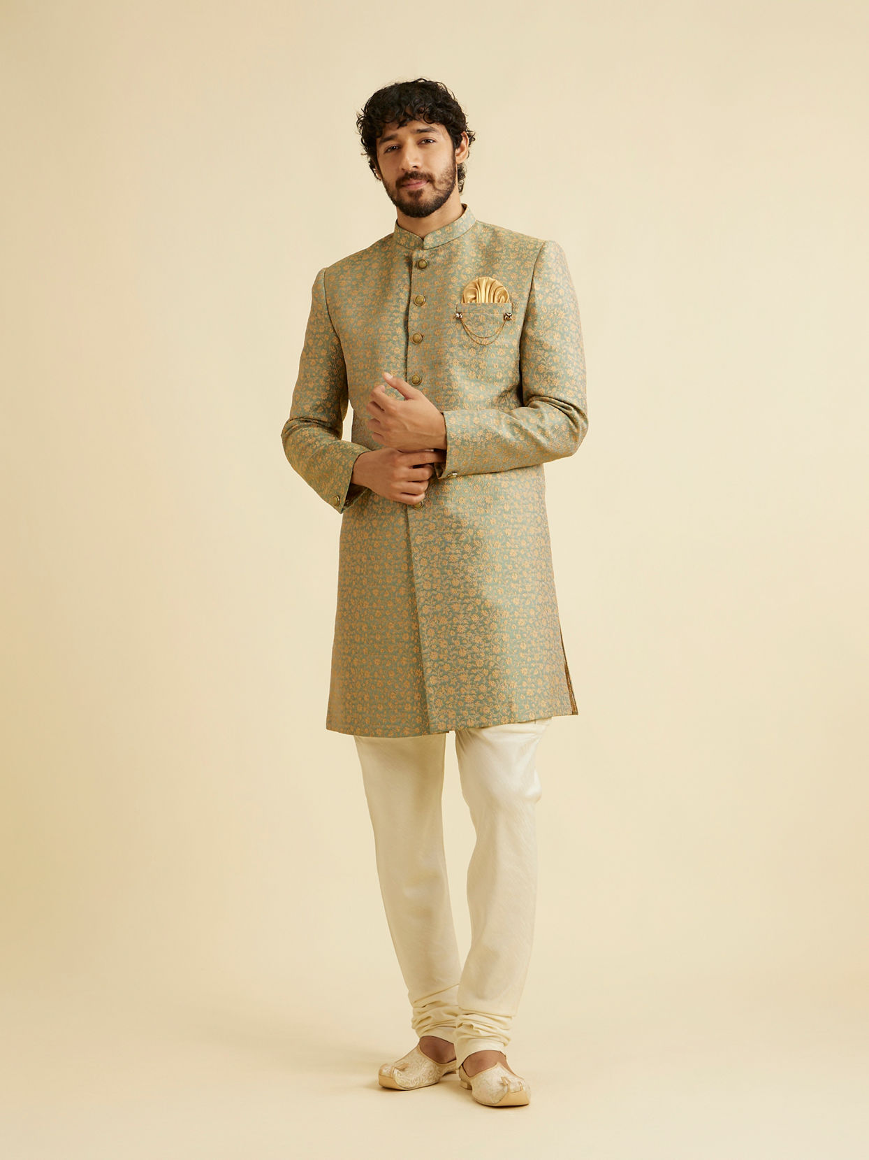 alt message - Manyavar Men Green Patterned Indo Western Set image number 2