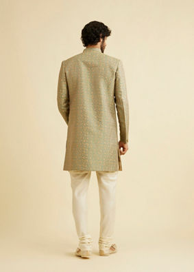 Manyavar Men Green Patterned Indo Western Set image number 4