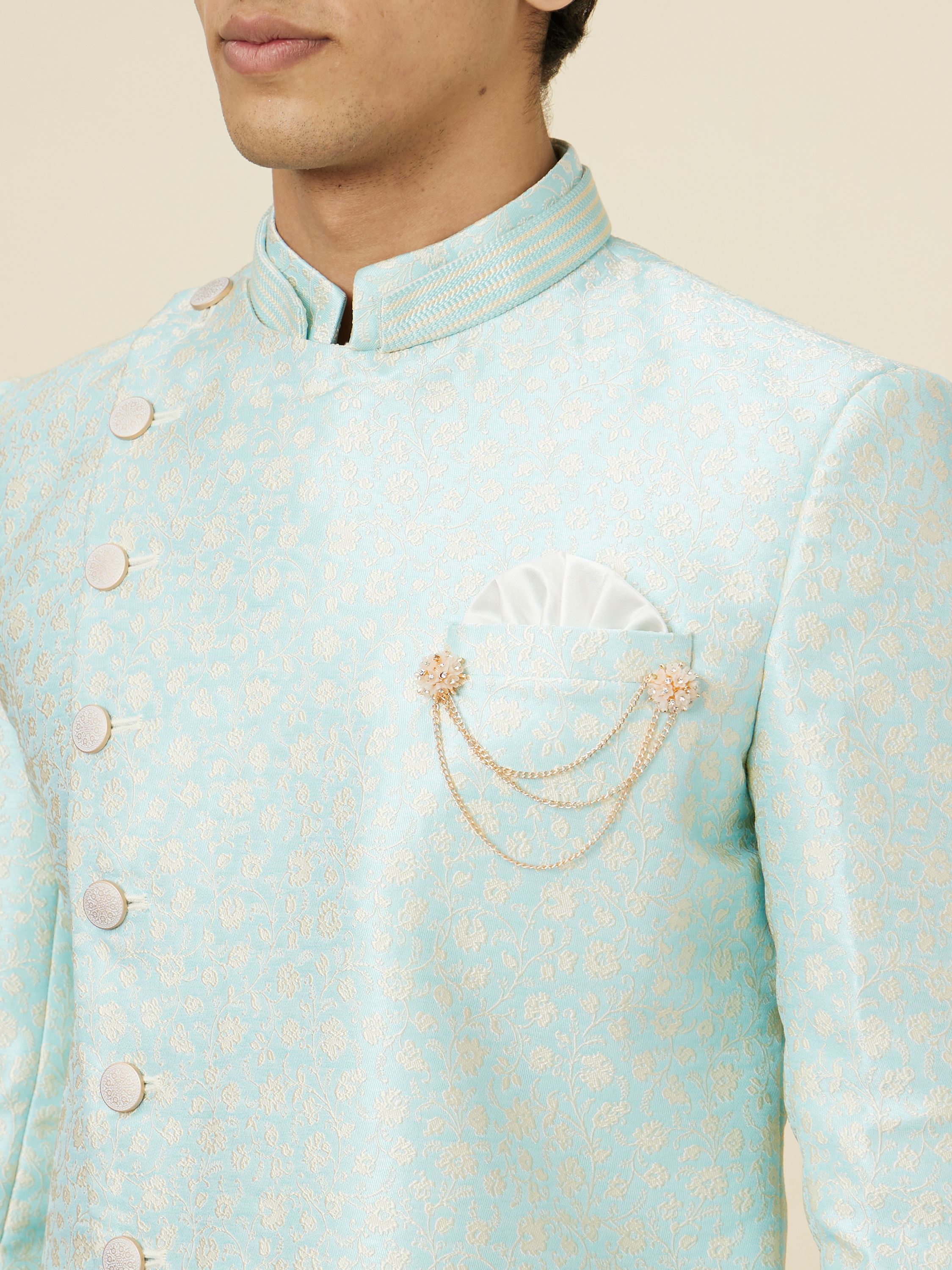 Manyavar Men Arctic Blue Angrakha Style Indo Western Set