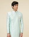 alt message - Manyavar Men Arctic Blue Angrakha Style Indo-Western Set image number 0