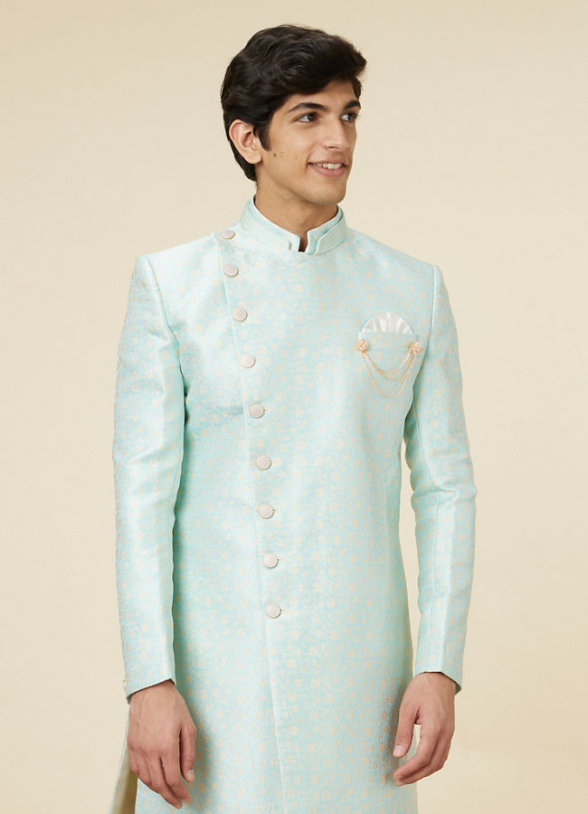 alt message - Manyavar Men Arctic Blue Angrakha Style Indo-Western Set image number 0