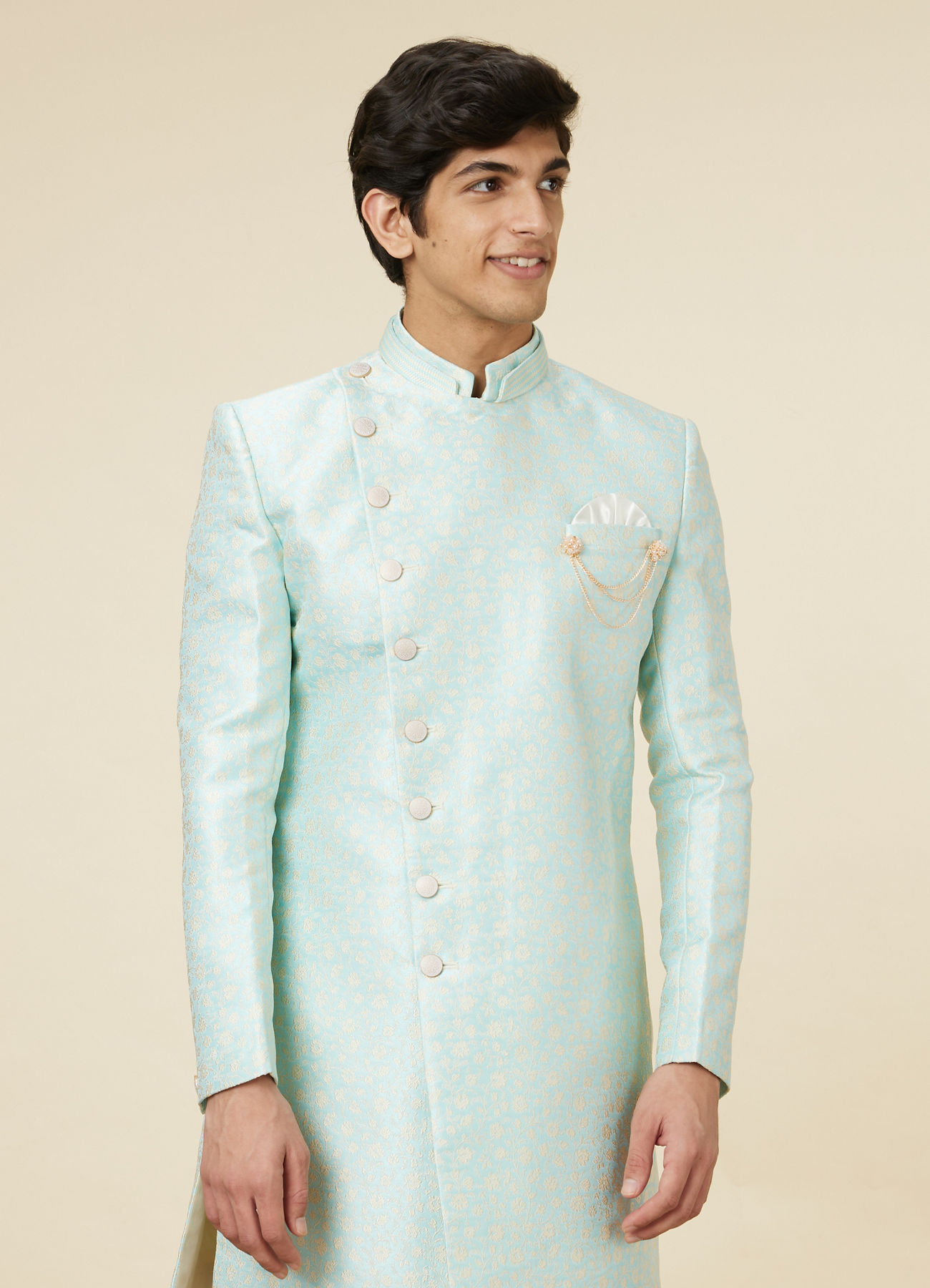 Manyavar Men Arctic Blue Angrakha Style Indo Western Set