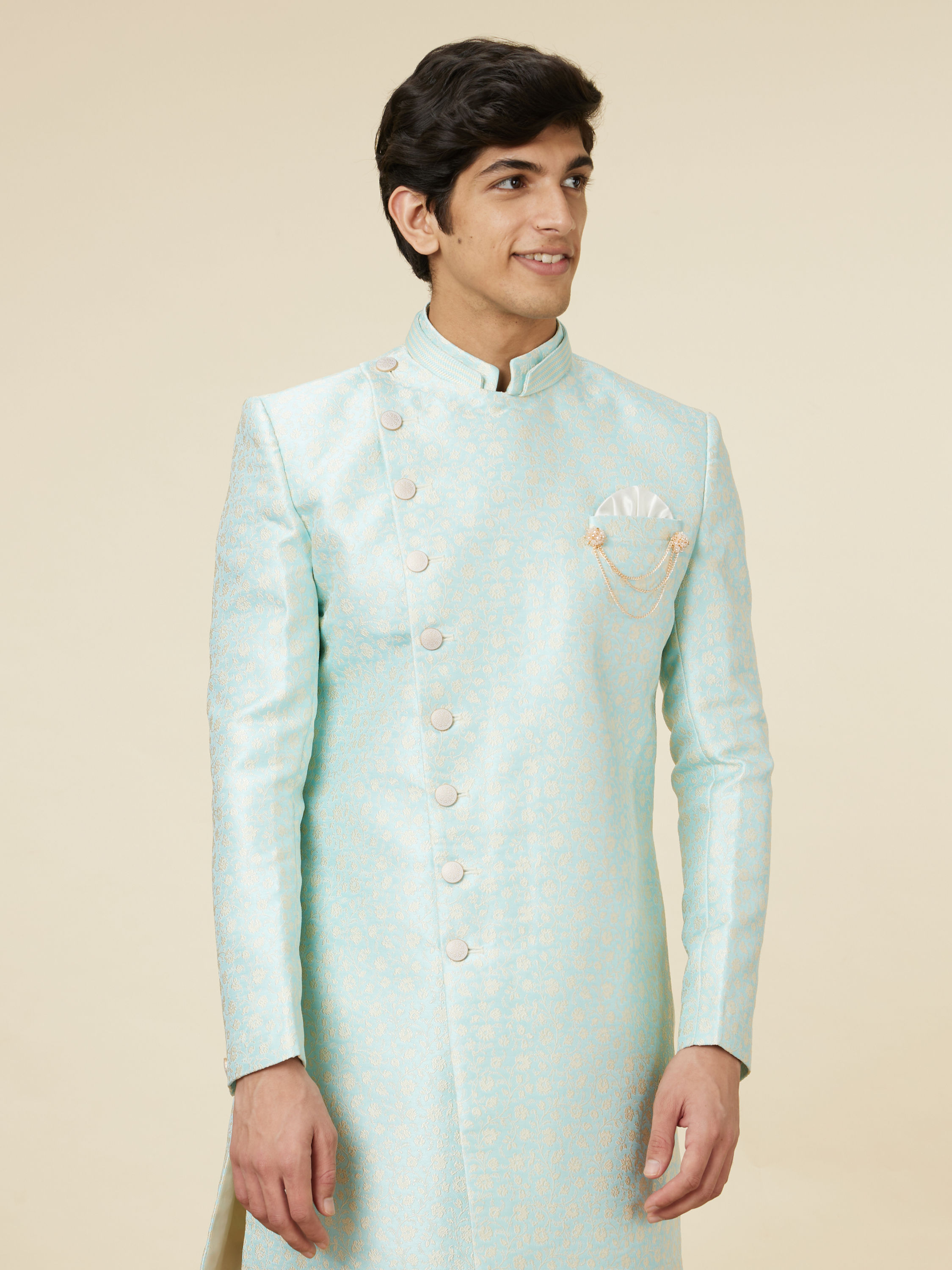 Manyavar Men Arctic Blue Angrakha Style Indo Western Set