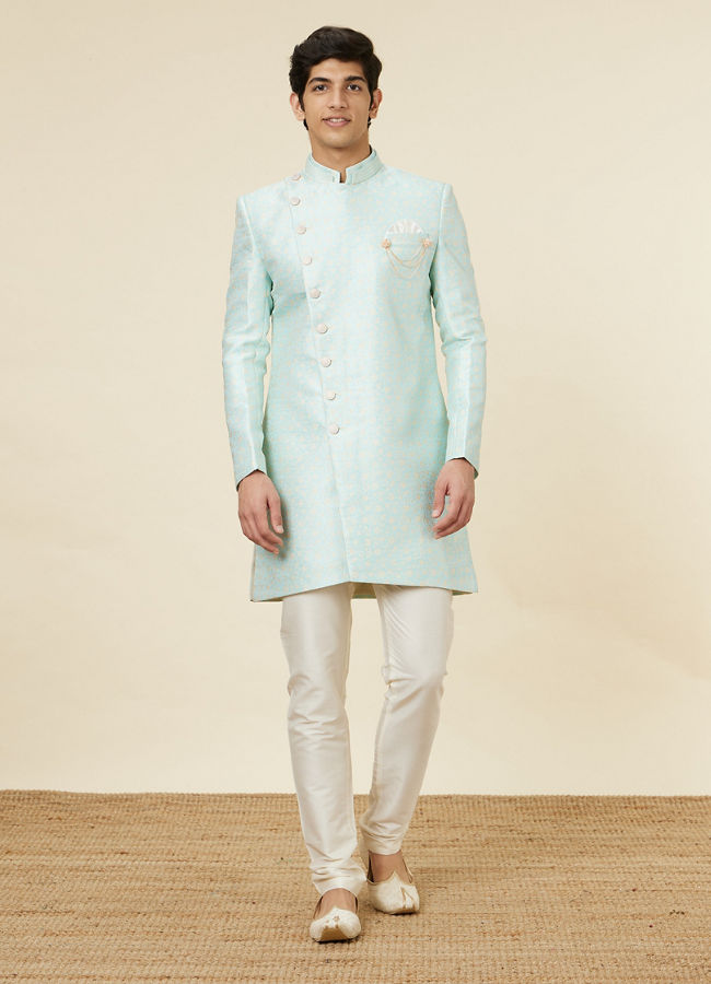 alt message - Manyavar Men Arctic Blue Angrakha Style Indo-Western Set image number 2