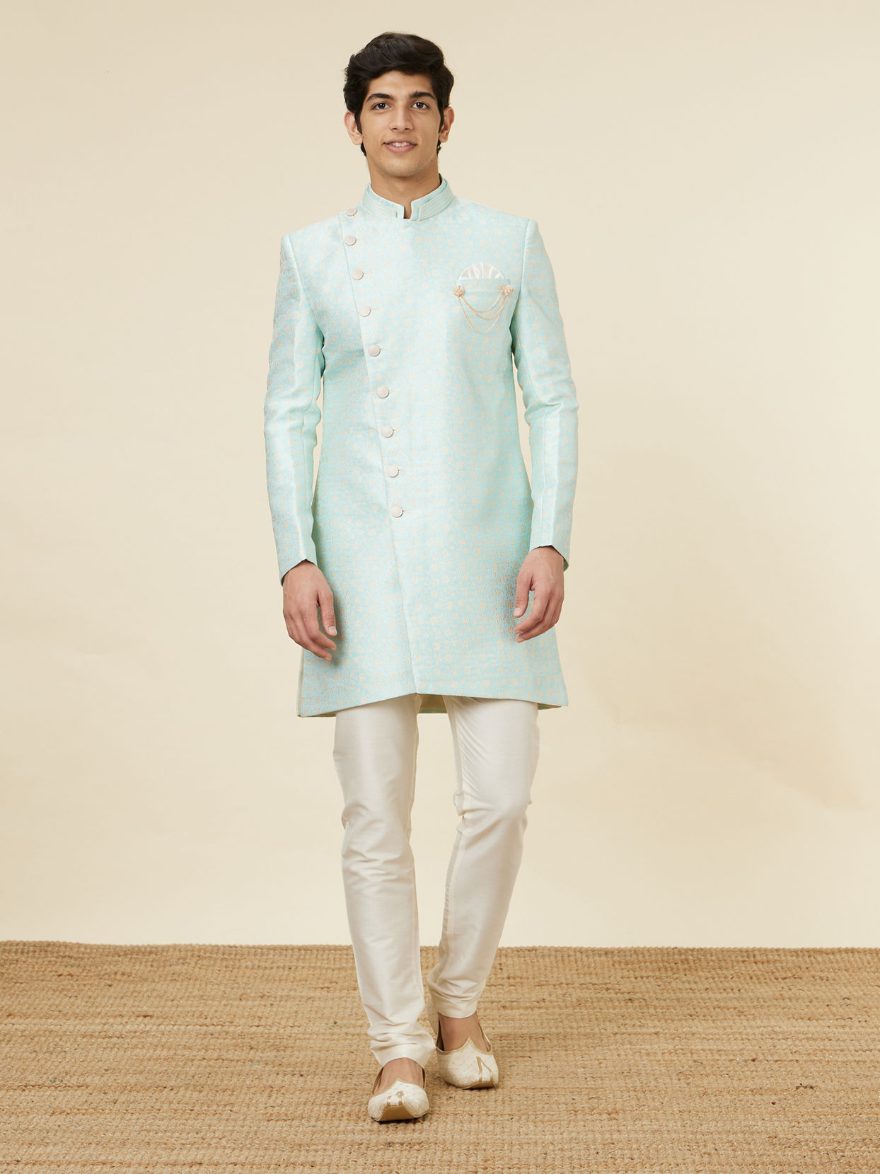 alt message - Manyavar Men Arctic Blue Angrakha Style Indo-Western Set image number 2