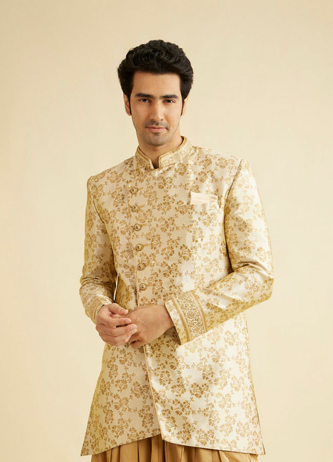 alt message - Manyavar Men Textured Beige Indo-Western Set image number 0