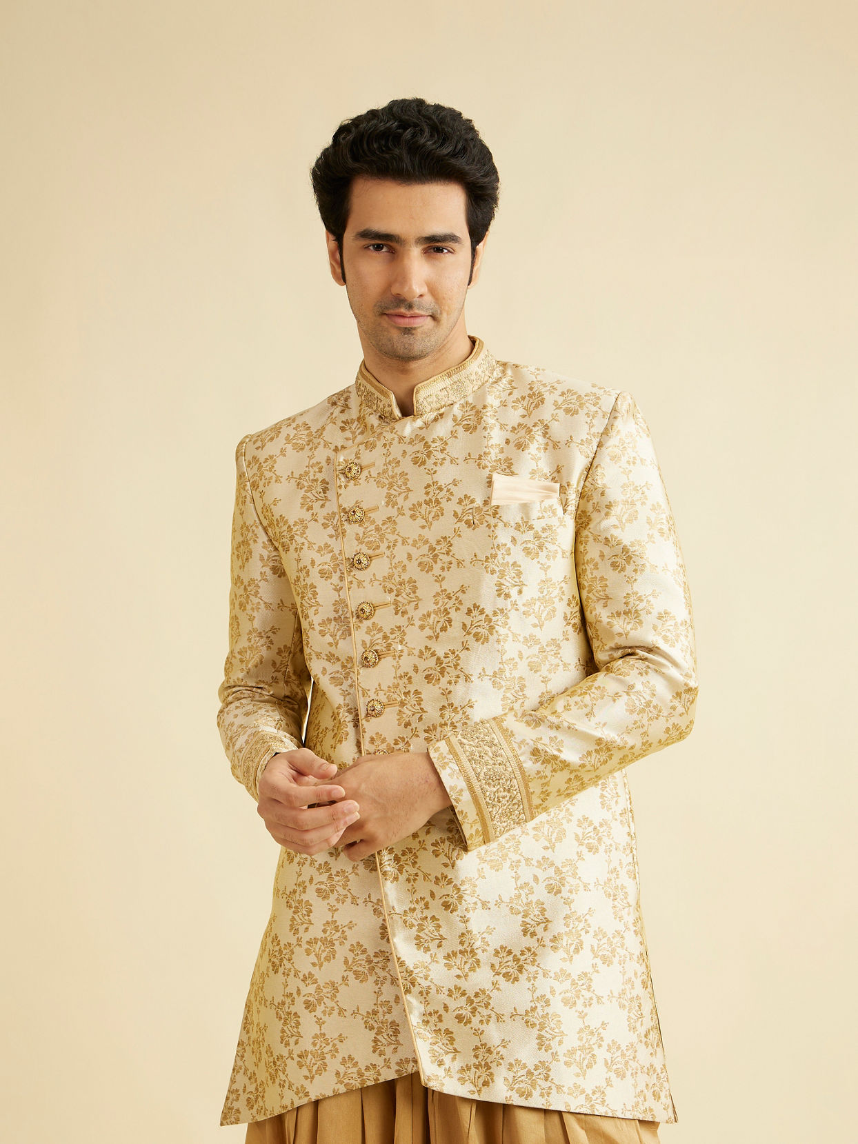 alt message - Manyavar Men Textured Beige Indo-Western Set image number 0