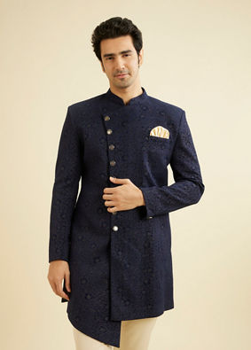 Manyavar Men Bold Blue Indo Western Set