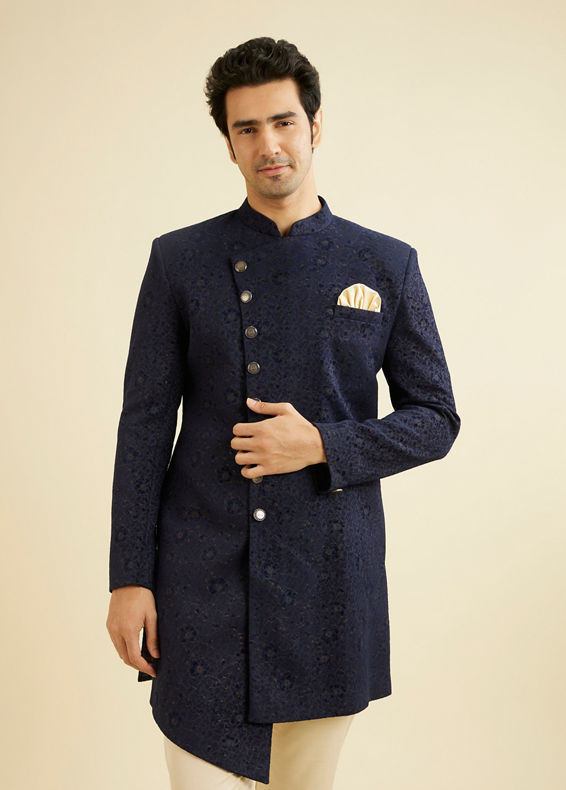 Manyavar Men Bold Blue Indo Western Set