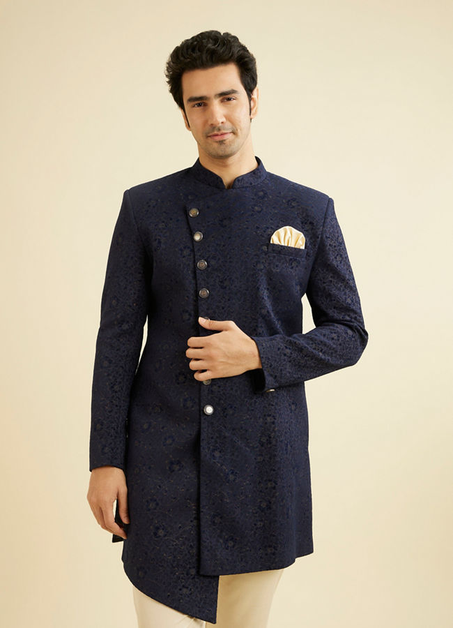 Manyavar Men Bold Blue Indo Western Set