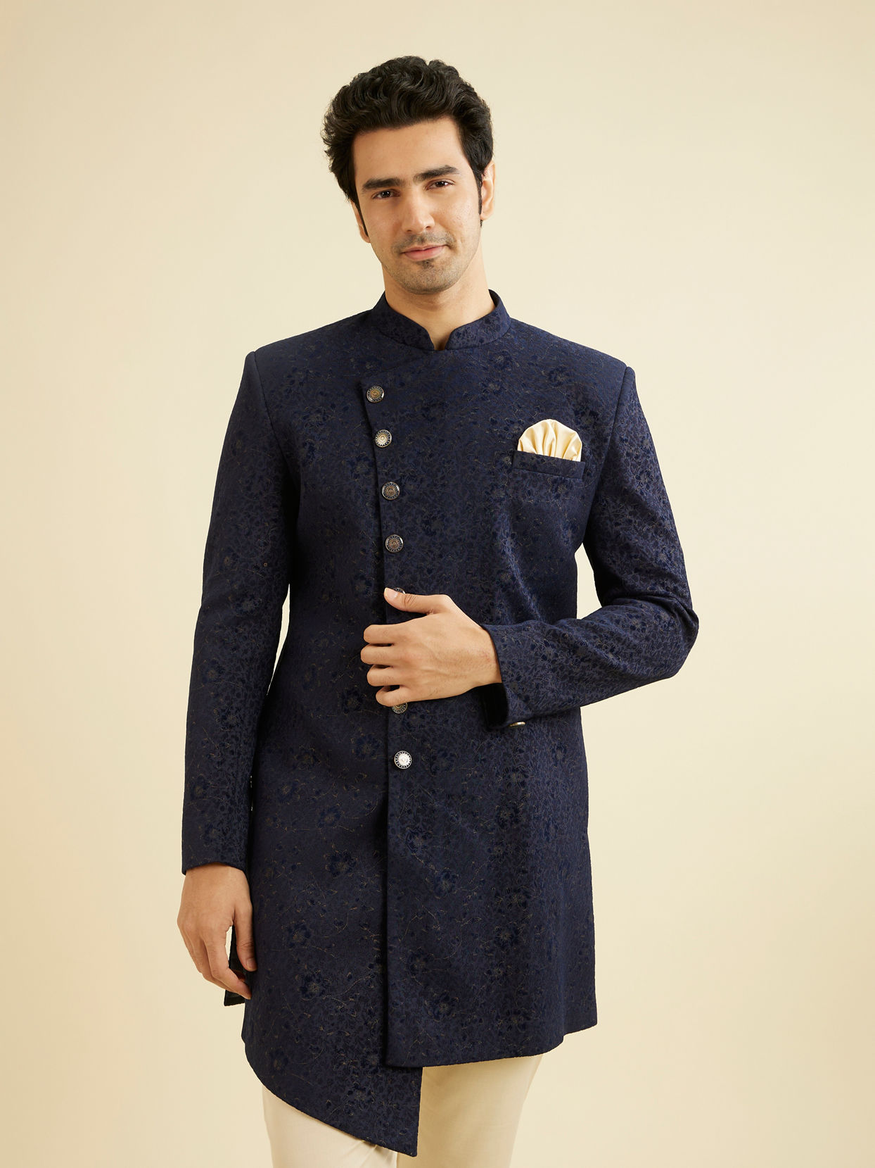Manyavar Men Bold Blue Indo Western Set
