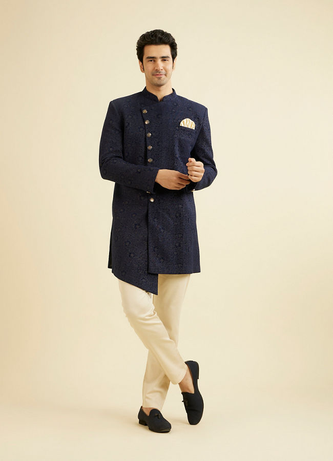 Manyavar Men Bold Blue Indo Western Set