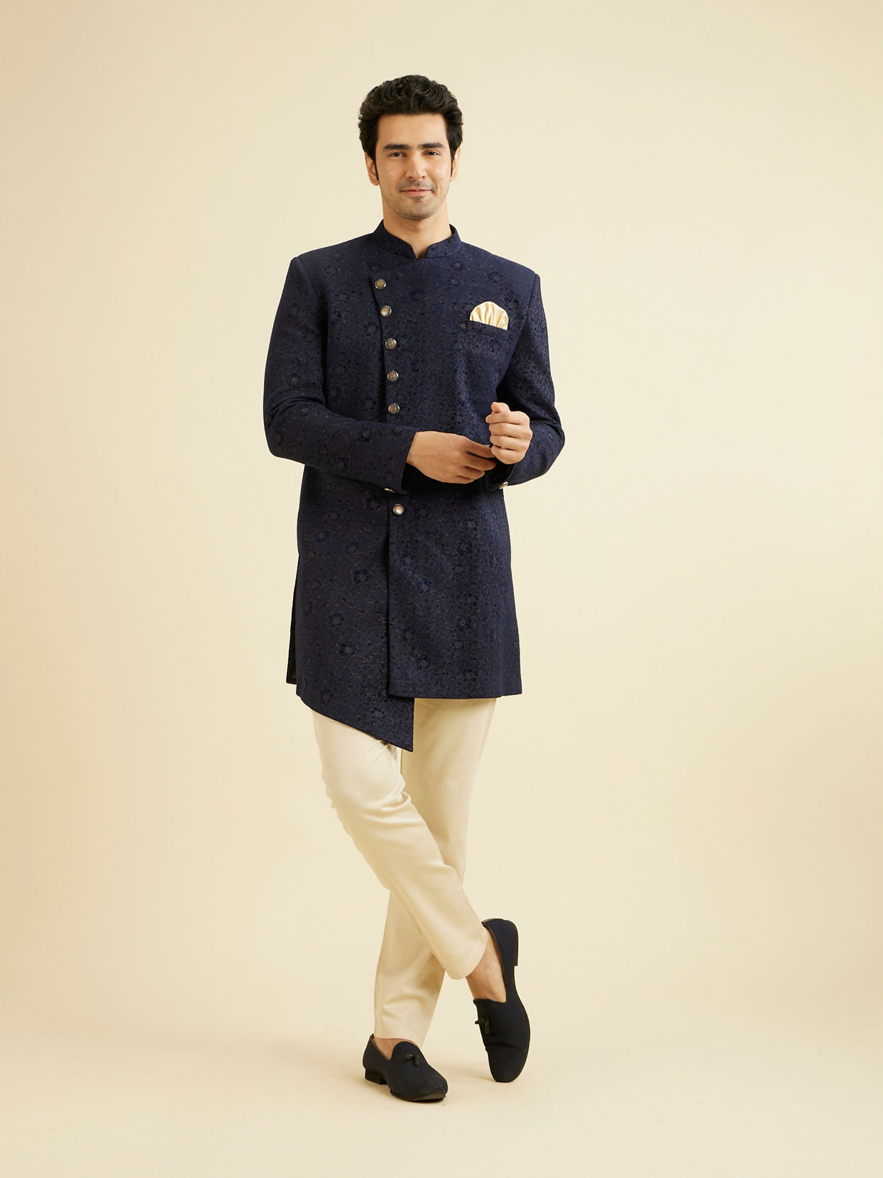 Manyavar Men Bold Blue Indo Western Set