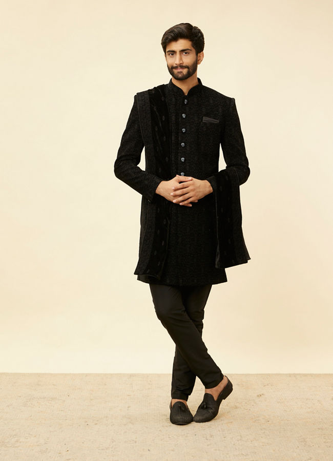 alt message - Manyavar Men Kohl Black Embroidered Indo Western Set image number 2