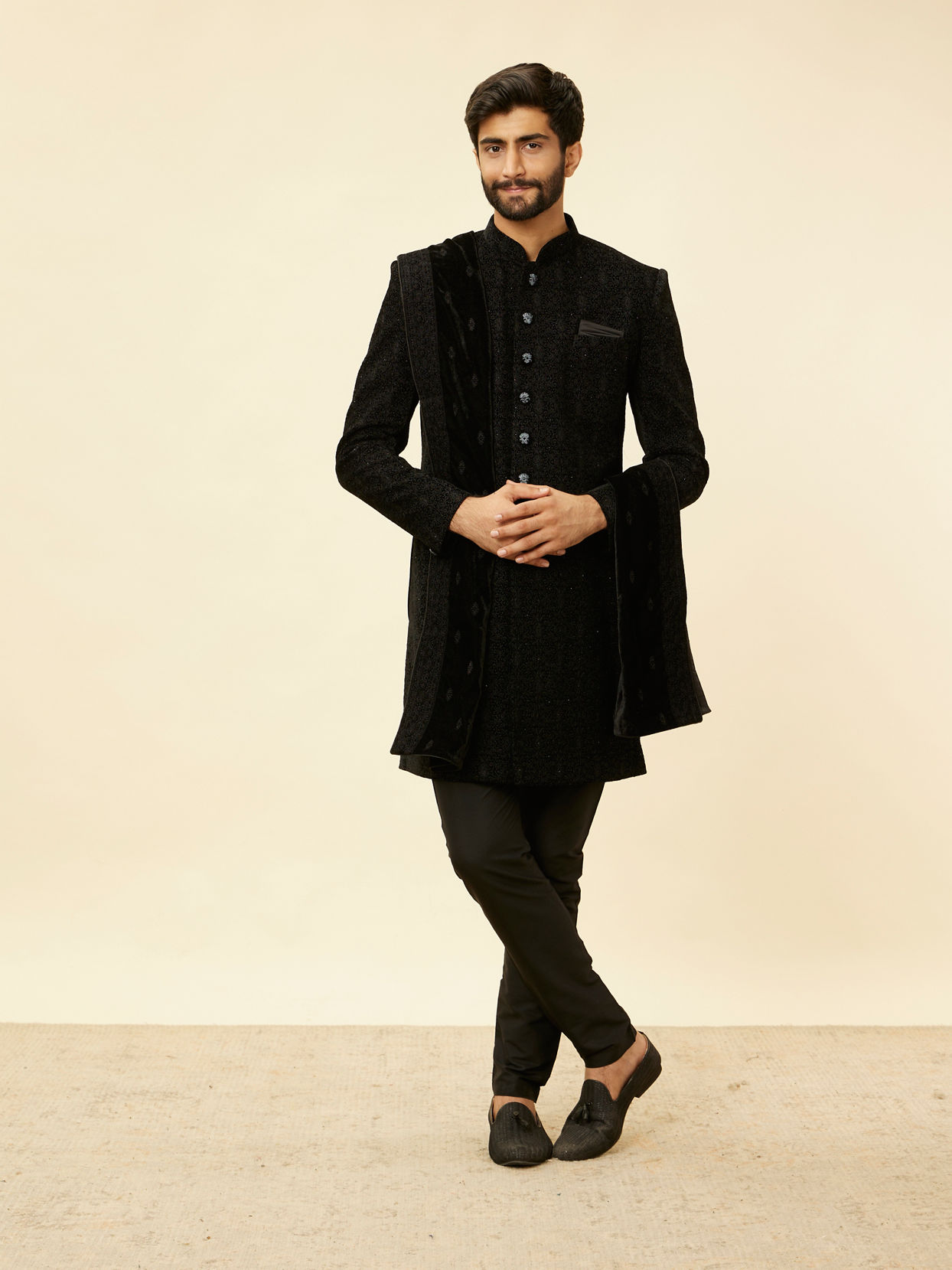 Manyavar Men Kohl Black Embroidered Indo Western Set