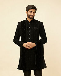 Manyavar Men Kohl Black Embroidered Indo Western Set